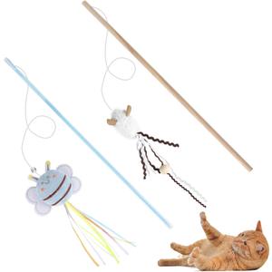 NOWFRESH Cat Wand Toy Set, 2 PCS Interactive Cat Teaser Wands with Cute Bee & Mouse Designs, Equipped with Bells and Streamers to Captivate Your Cats Attention