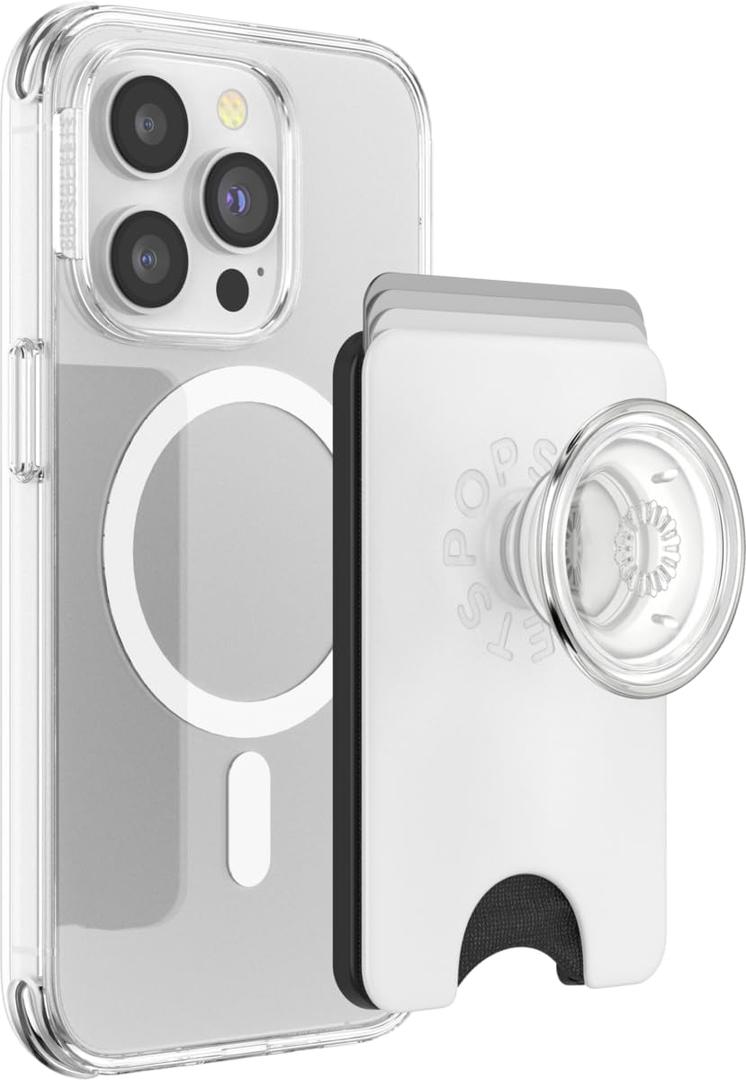 PopSockets Phone Wallet for MagSafe, Phone Card Holder with Grip, White - White Clear