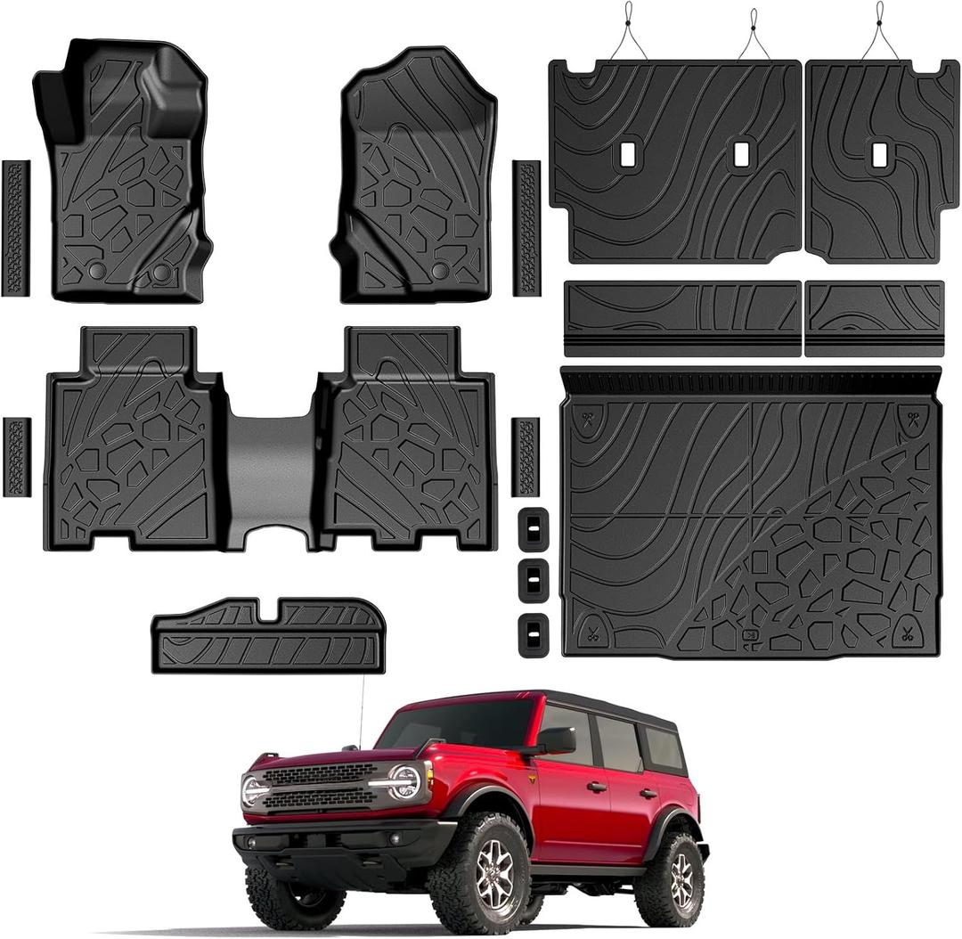 Floor Mats for Ford Bronco 2021-2026, All Weather Floor Mats Trunk Cargo Liner with Backrest Protectors and Door Sill Guards Accessories, Full Coverage Set (Fit 4 Door Models)