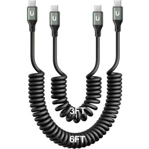 USB C to USB C Cable for Car 3FT/6FT, Coiled USB C Fast Charging Cable, 2Pack Short USB-C Cables Compatible with iPhone 16/15/Samsung Galaxy S20 S10 S9 S8 Plus Note 10 9 8 and More USB C Devices