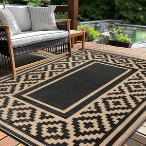 Outdoor Patio Plastic Straw Rug - 4x6 ft Outdoor Camping Rug Waterproof Reversible, Area Carpet Patios Clearance RV, Outside Porch Balcony Deck for Camper, Stripe Black Brown