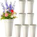 Zubebe 8 Pcs 13.8 Inch Galvanized Flower Bucket Metal Vases for Flowers Farmhouse Rustic French Flower Bucket with Handle for Wedding Centerpieces Vintage Home Dry Floral Table Decor(White)