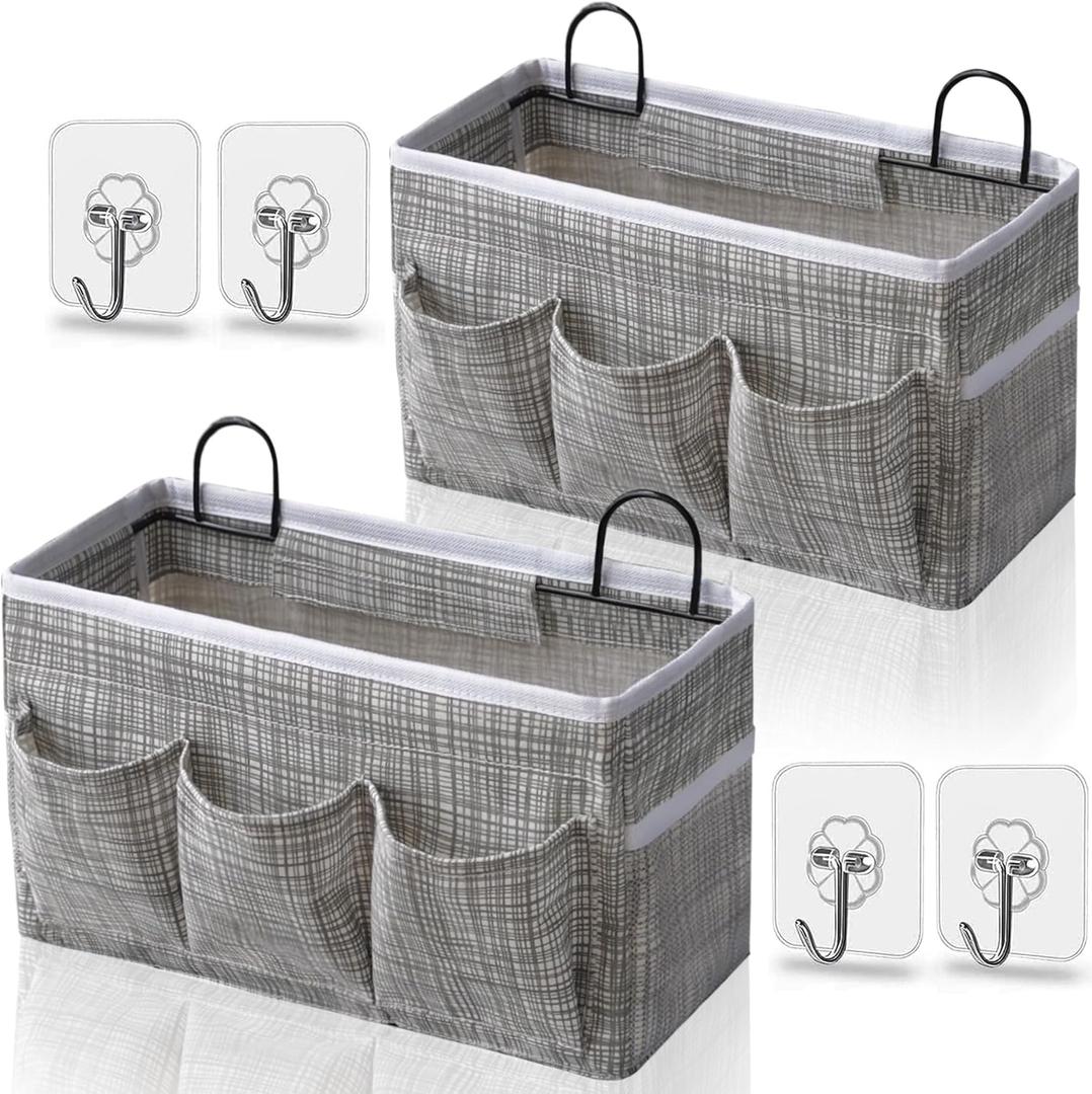 2pcs 3-pockets Large Wall Hanging Organizer Bag, Linen Fabric Door Hanging Storage Baskets with Pockets, Waterproof Bin for Kitchen, Bedroom, Office, RV Camper (Stripe_2pcs)