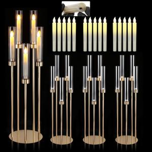 Dyna-Living 4 Set Floor Candelabras 5 Arm 34.6'' Tall Gold Candelabra with Acrylic Lampshade, Metal Candelabra Centerpieces for Tables, Gold Candle Holder for Wedding Party Home Decoration