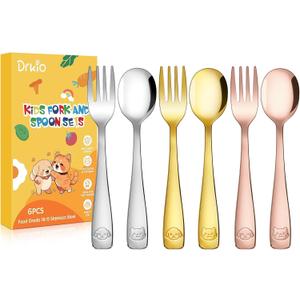 DRKIO Stainless Steel Toddler Utensils Set - 6 Pieces Kids Silverware Set Children Safe Food Grade Small Forks and Spoons Dishwasher Safe Mirror Polished (Colourful)