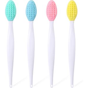 4pcs Lip Scrub Brush, Silicone Lip Exfoliator Brushes Scrubber Tool, Double-Sided Lip Cleaning Exfoliating Remove Dead Skin Tool for Men Women Dark Lips- Pink & Green & Blue & Yellow