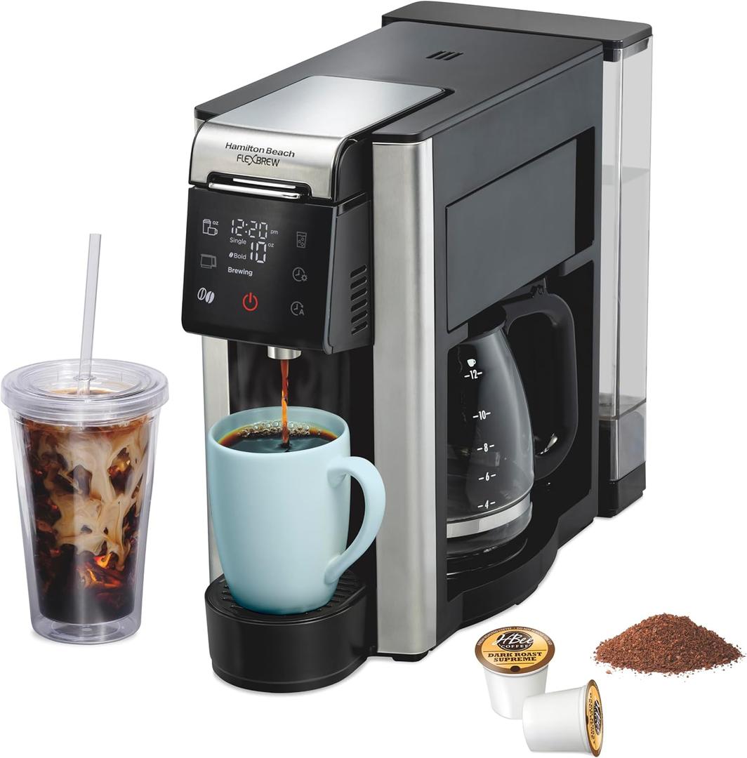 Hamilton Beach FlexBrew Advanced 5-in-1 Programmable 12 Cup Drip and Single-Serve Hot & Iced Coffee Maker with Movable 60 oz. Water Reservoir, Use Pod Packs and Grounds, Fast Brewing, Black (49924)