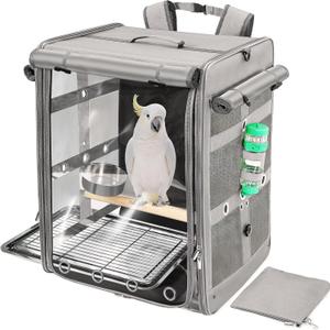 Bird Carrier Travel Cage, Cockatoo Carrier, Parrot Travel Backpack with Unbreakable Stainless Steel Mesh, Perch, Water Bottle and Food Bowl, X-Large Grey