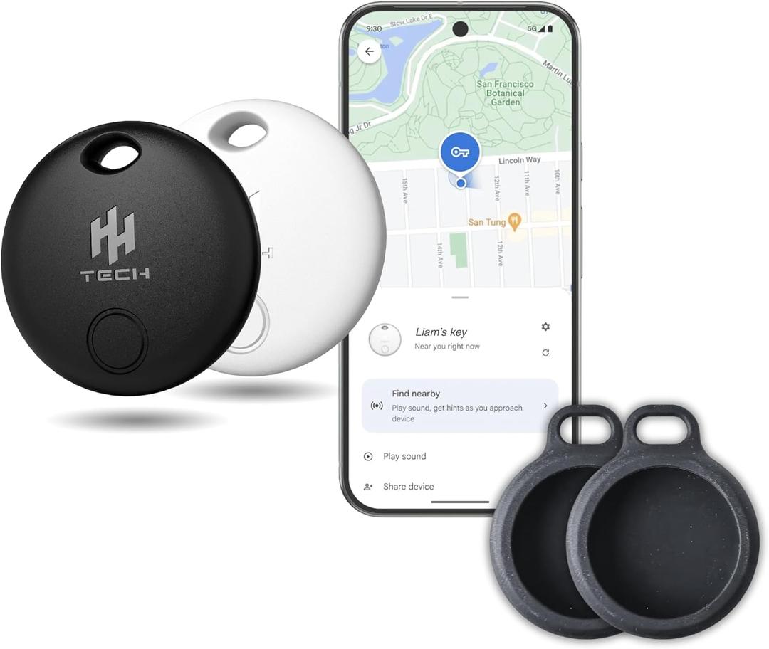 HH-Tech Bluetooth Tracker (Pack-2 + 2 Protectors) for Android Devices Works with Google Find My, Find Hub, Tracker, Item Finder, Easily Track Your Wallet, Bag, Suitcase, and More (Android only)