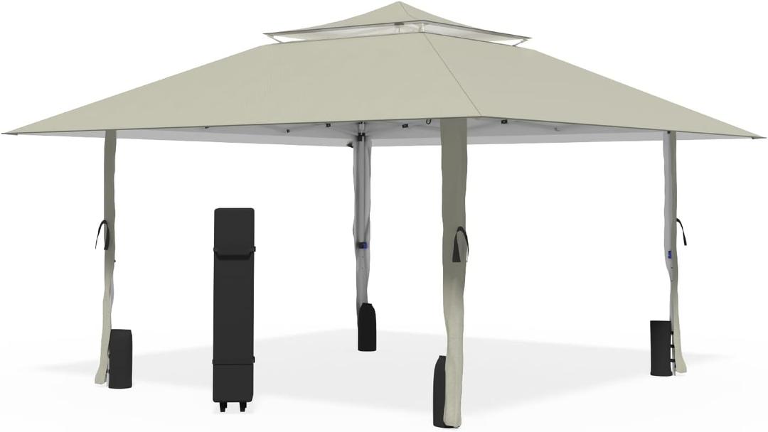 Favofamilie13x13 FT Pop Up Canopy, Instant Setup Gazebo with Wheeled Carry Bag, 4 Sandbags & 4 Ropes, UV-Resistant Top, Heavy Duty Outdoor Shelter for Backyard Camping Events, Khaki