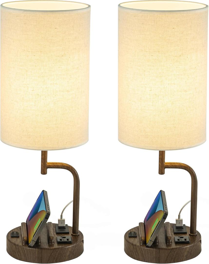 Dreamholder Table Lamp with 3 USB Charging Ports, Modern Desk Lamp with AC Outlet and Phone Stands, Perfect Bedside Lamp for Bedroom, Living Room, Office (Pack of 2), Walnut