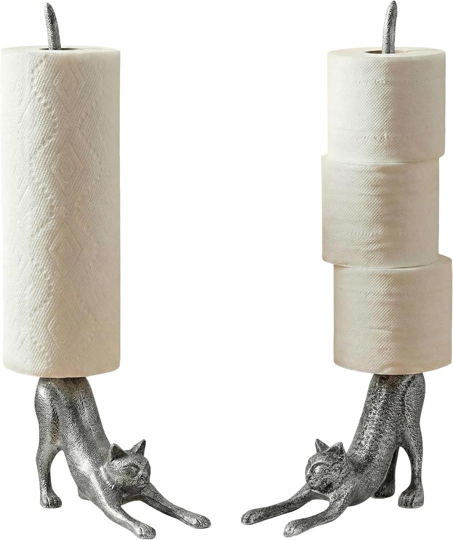 Comfify Yoga Cat Decorative Paper Towel Holder or Toilet Paper Holder - Adorable Downward Dog Pose Kitty- Cast Iron Paper Towel Stand - Antiqued Cast Iron White Color - 18.5" - Silver with Black