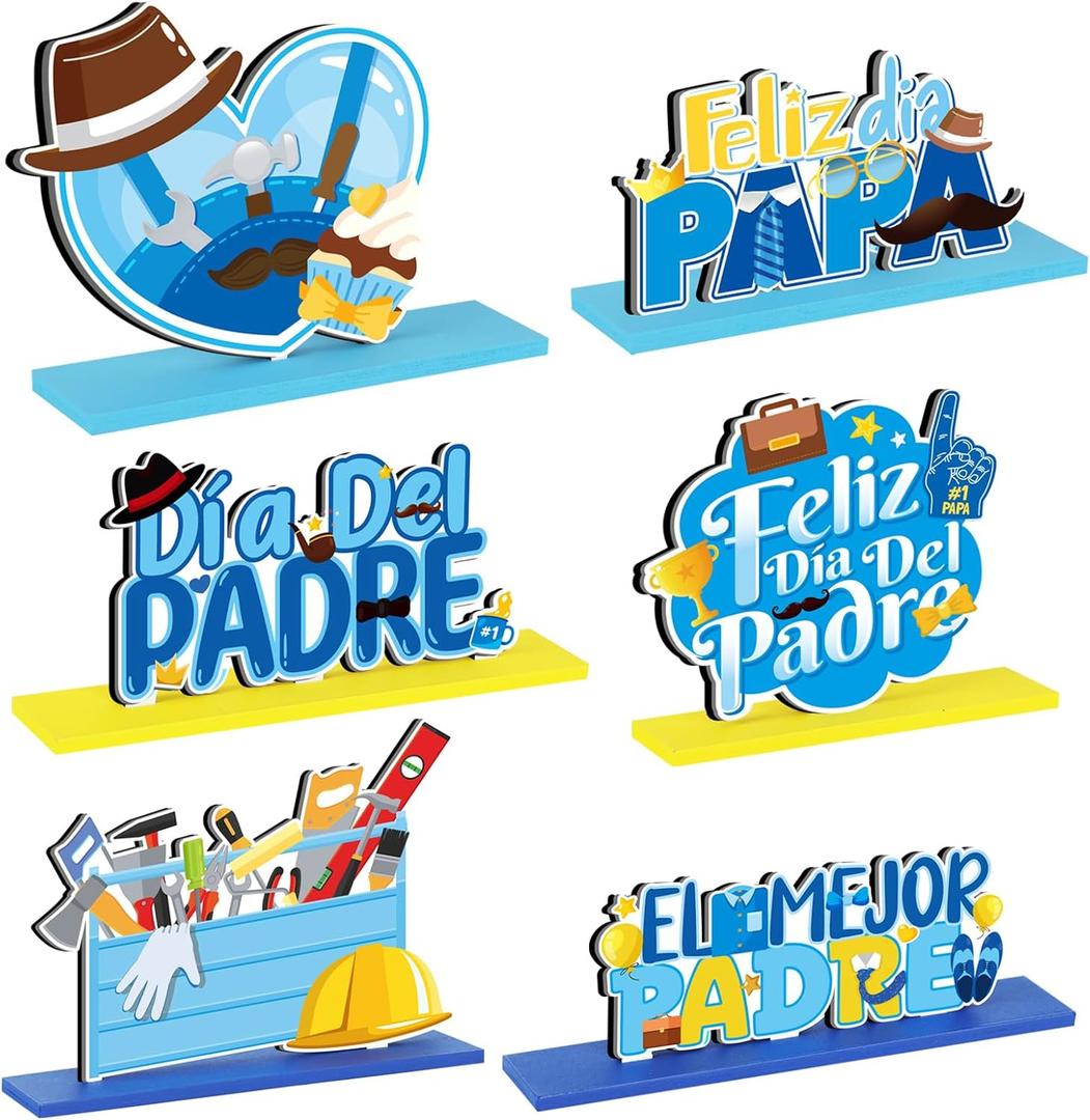 6 PCS Father's Day Spanish WoodenTable Centerpiece Decor Feliz Dia Papa Wood Tabletop Centerpiece Signs for Fathers Day Party Supplies