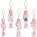 5 PCS Christmas Nutcracker Ornament Set Wooden Nutcrackers Hanging Decoration Nutcracker Figures Christmas Decorations for Xmas Tree, Table Decor, Wall(Pink)