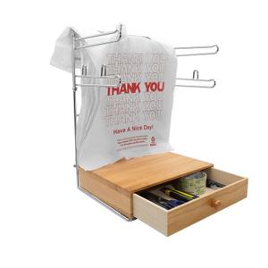 Grocery Bag Holder Wooden Drawers Base, Detachable Plastic Bag Organizer, Chrome Plated Metal Convenient Bags Holder, for Stores, Grocery StoreSupermarkets, Homes, Kitchens
