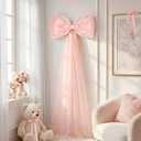 13Pcs Large Pink Pearl Silk Satin & Tulle Bow Coquette Decor,17x55 Inch Giant Bow with 12 Small Satin Bows, DIY Photo Backdrop Wall Hanging Decor for Wedding Bridal Baby Shower Birthday Girl Room