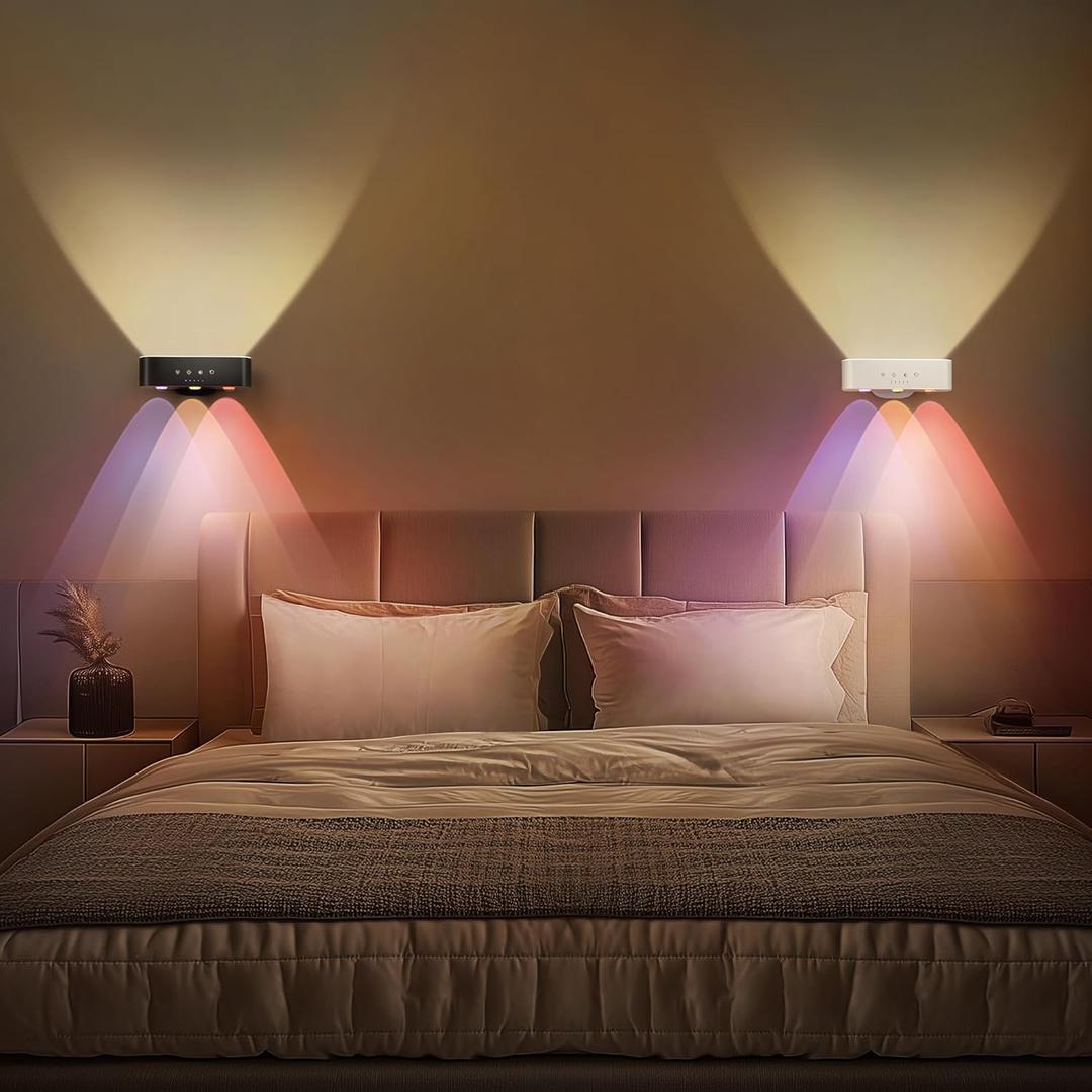 Wall Sconces Set of 2 Battery Operated, 360 Rotate Magnetic Rechargeable Wall Mounted Lamp with 3 Color Temperatures & 9 RGB Modes, Wireless Wall Lights for Bedroom, Picture, Living Room (A03-Black+White)