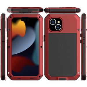 Marrkey Compatiable with iPhone 15 Case,360 Full Body Protective Cover Heavy Duty Shockproof Tough Armour Aluminum Alloy Metal Case with Silicone Built-in Screen Protector - Red