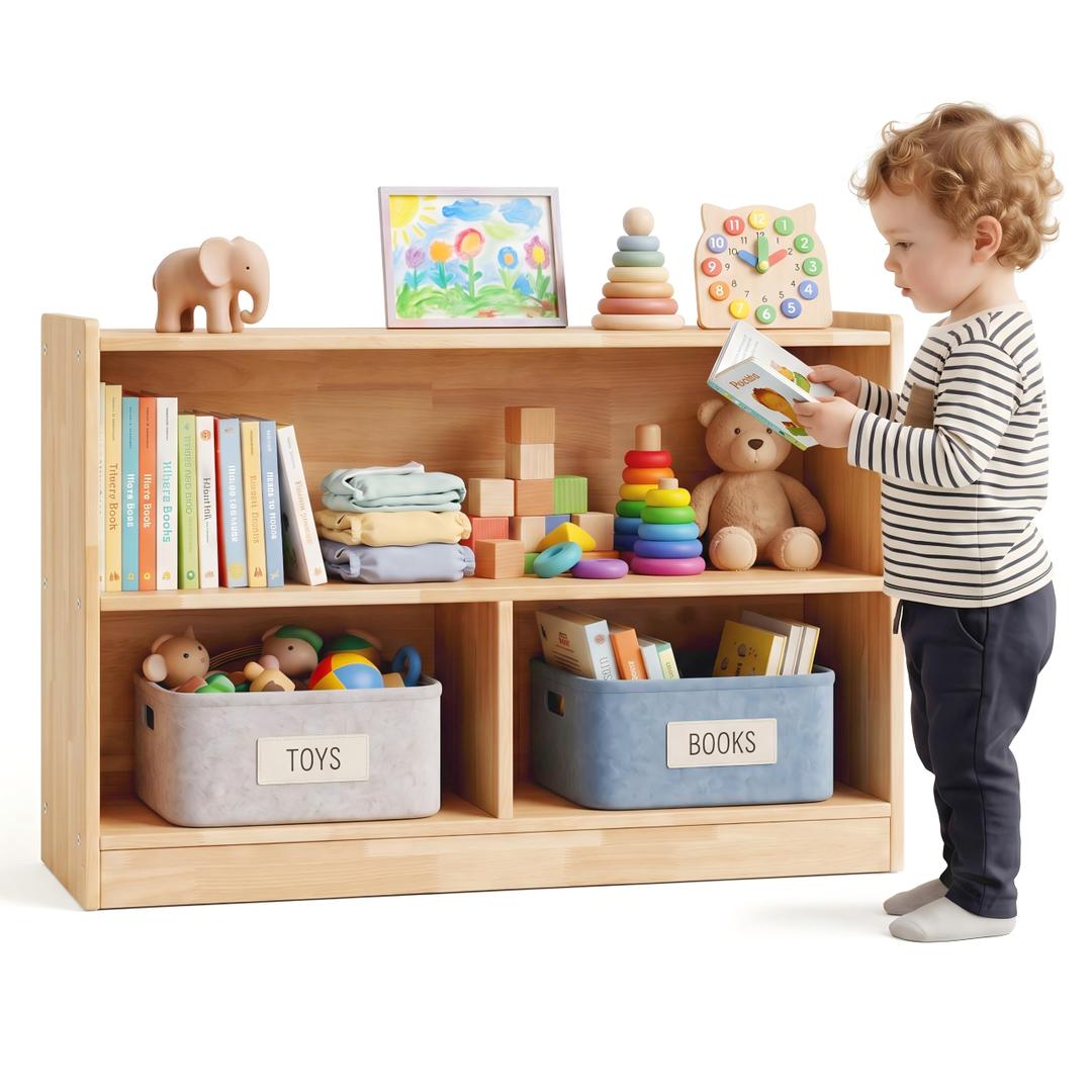 Sosola Rubber Wood Corner Cabinet, Kids Toy Storage Shelf, Bookshelf Storage Rack for Kids Bedrooms, Playrooms, Nurseries and Classrooms (Corner Bookcase)