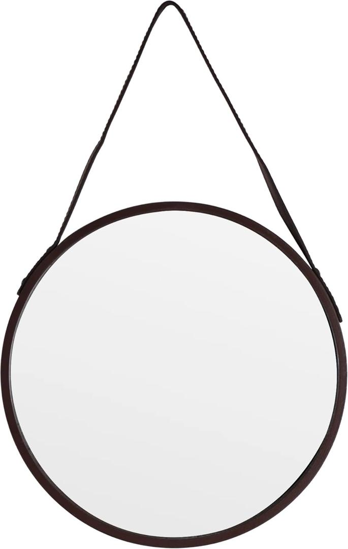 Brown Round Hanging Mirror, 11.8 Inch Farmhouse Mirror with Leather Hanging Rope for Bathroom, Bedroom, Living Room, Entryway Home Decor. (Brown, S-11.8in)