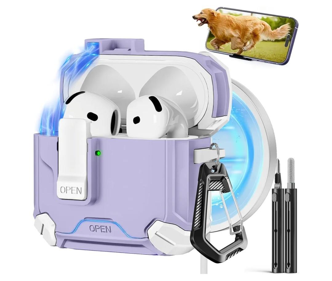 Pohgelan Compatible with AirPods 4th Case,Magnetic Automatic Lock with Phone Stand & Cleaning Kit,Compatible with Magsafe Cover Purple