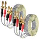 2 Pack 16/2 Speaker Flat Wire Cable with Banana Tip Plugs 4 FT, 16 Gauge AWG Wire, Tinned OFC Copper, Transparent Jacket with Yellow Polarity Marker, for Indoor & Outdoor, Hi-Fi