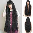 Long Wavy Wig with Bangs for Women,Wig Long Bangs Wig,Natural Looking Synthetic Heat Resistant Hair (1B, 40inch)