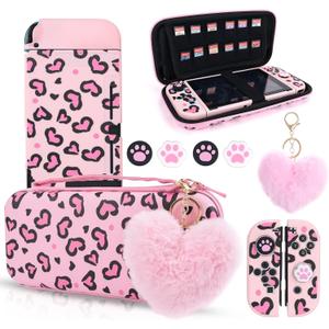 DLseego Pink Love Leopard Carrying Case for Switch, Cute Silicone Protective Shell Soft Cover with 4PCS Thumb Grip Caps and Pink Plush Heart Pendant Hard Storage Case Accessories Kit Bundle for Girls (Switch 1 6.3inch)