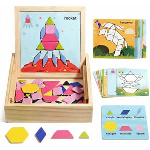 Magnetic Pattern Blocks Wooden Geometric Shape Puzzle Toy for Kids Toddlers Age 3-8 Montessori STEM Learning Educational Game 75Pcs Tangram with Storage Box Travel Gift Classroom Whiteboard