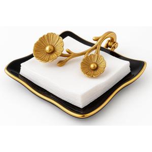 Bronze Gold Floral Napkin Holder Decor - Golden Brass Flower Detail & Black Reflective Tray, Paper Towel & Display Leaf, Two Tone for Weddings, Dinner Parties, Housewarming Gifts, Baroque Tray Basket