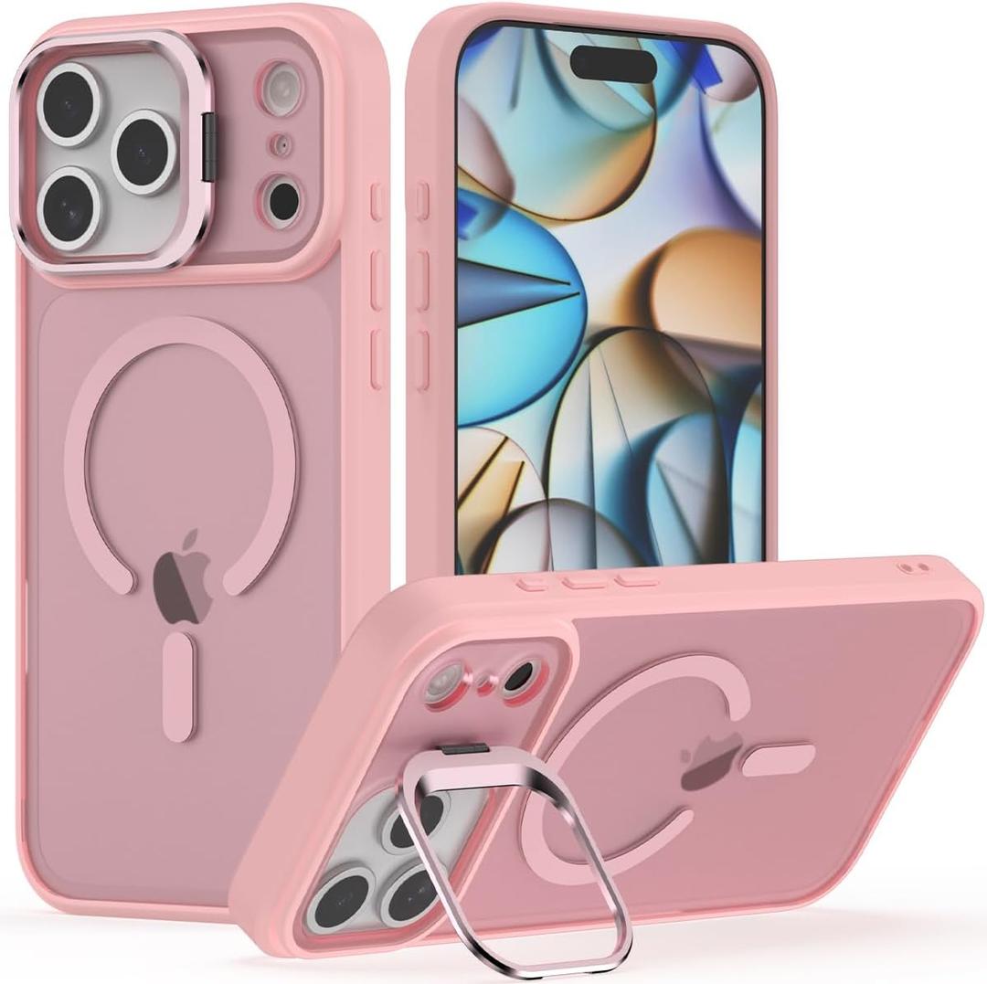 Nvollnoe for iPhone 17 Pro Max Case Compatible with MagSafe Military Grade Shockproof Heavy Duty Protective Adjustable Kickstand Matte Semi Clear Phone Case for iPhone 17 Pro Max(Pink)