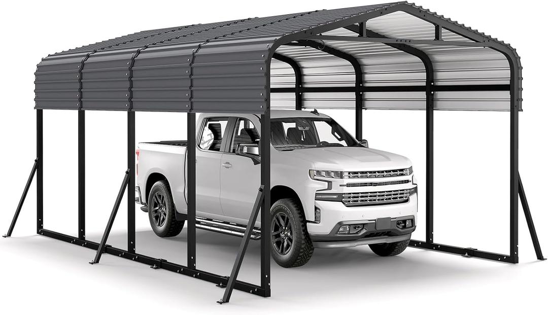 Jocoevol 12x20FT Metal Carport, Heavy Duty Car Garage w/ Reinforced Support Rods and Windproof Ground Anchors, All-Weather Multi-Use Outdoor Shelter for Car, Boats and Truck