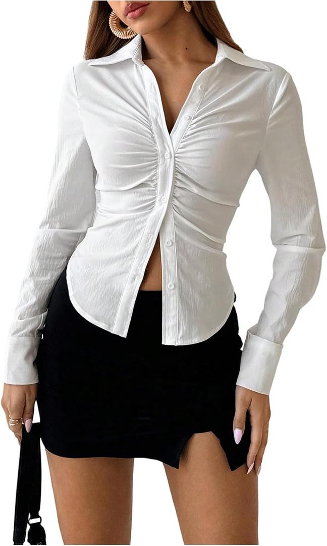 SOLY HUX Women's Button Down Ruched Blouse Long Sleeve Shirts Slim Fit Aesthetic Tops (White, XL)