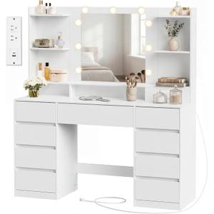 SONGMICS HOME Vanity Desk with Mirror and Lights, Makeup Vanity Table with Power Outlets, 9 Drawers Storage Dressing Table for Bedroom, White