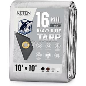 Keten Tarps Heavy Duty Waterproof 10x10 Feet, Extra Thick 16 Mil, Tear & Fade Resistant, UV Blocking, Outdoor Tarp with Reinforced Grommets for Roof, Camping, Patio, Pool, Boat (Silver)