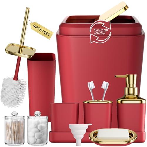 XLHOMO Dark Red Bathroom Accessory Set, 9-Piece Burgundy Bathroom Set with Trash Can, Toothbrush Holder, Toothbrush Cup,Soap Dispenser,Soap Dish,Toilet Brush Holder,2 Qtip Holder Dispensers and Tray