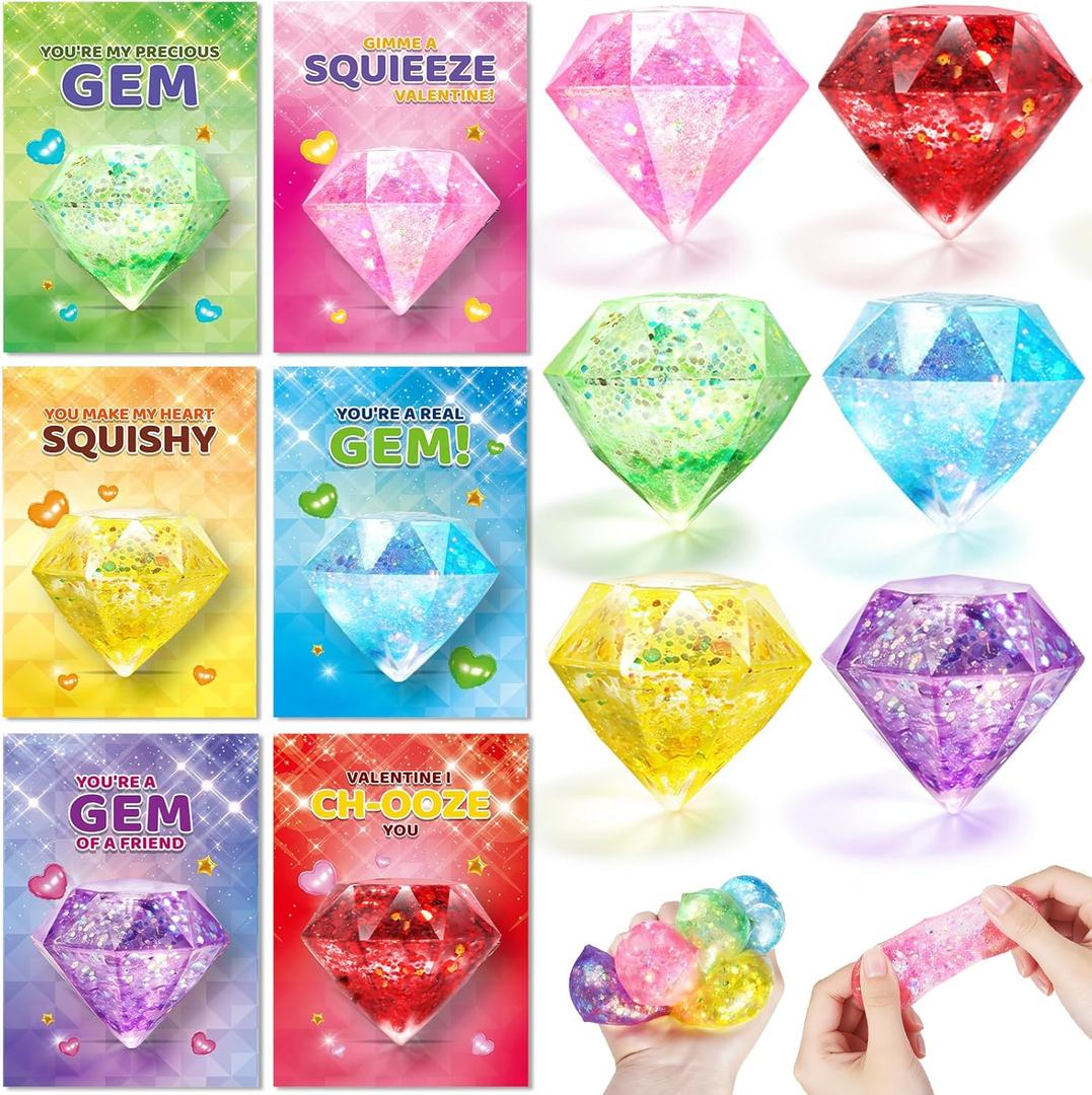 Valentines Gifts Cards for Kids, 24 Pack Gem Squeeze with Greeting Card for Kid Classroom Exchange, Stretchy Stress Set for Boys Girls Toddler Gift School Party Favor