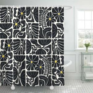 Boho Abstract Colorful Floral Shower Curtain, Vintage Retro Patchwork Black Flower Botanical Geometric Aesthetic Groovy Bathroom Decor Shower Curtain Set with 12 Hooks, 70X70IN