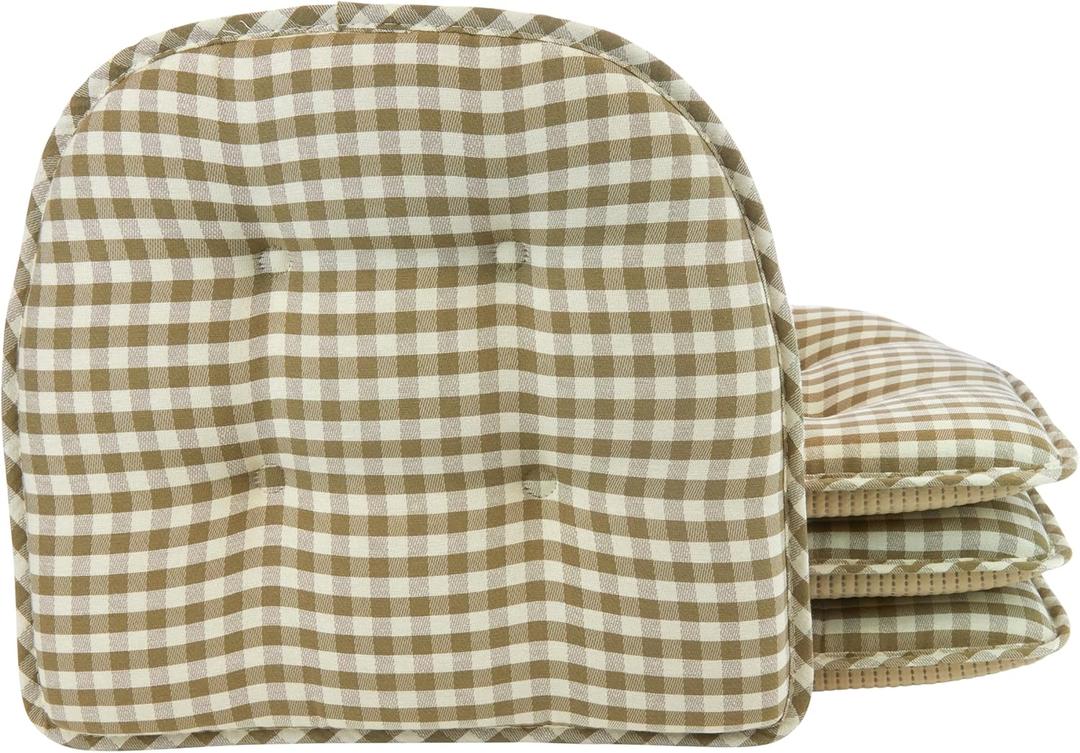 Klear Vu Omega Non-Slip Chair Cushions, Assembled in USA, U-Shaped Skid-Proof Seat Pads for Dining Room, Kitchen, Office, 15"x16", 4 Pack, Gingham Natural 4 Count
