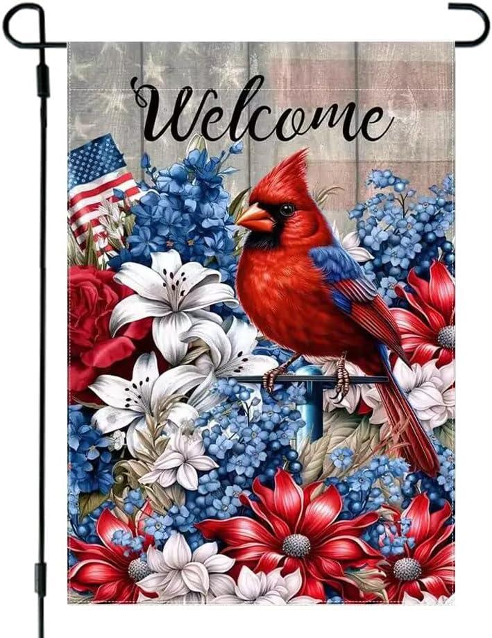 4th of July Patriotic Welcome Garden Flag 12x18 Double Sided, Burlap Summer Cardinal Floral Garden Flags Memorial Day Fourth of July Decorations, Small Decorative Yard Lawn Porch Flags for Outside