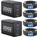 2 Pack 200W USB C Charger Block, Foldable 4Port GaN5 Super Fast Charger USB C, Dual 65W Type C Charging Block, Laptop Fast Charging Adapter for MacBook Pro/Air, iPad, iPhone, Samsung Galaxy Black