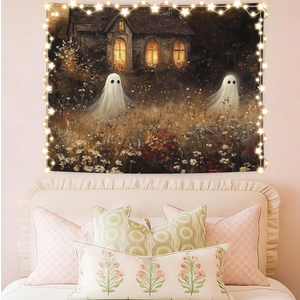 WHCHJ Halloween Ghost Tapestry, Whimsical Spooky Cabin Tapestry Wall Hanging, Ghost in Wildflower Field Landscape Tapestries Wall Blanket Decor for Party Home Bedroom Living Room Dorm, 50x60 Inch