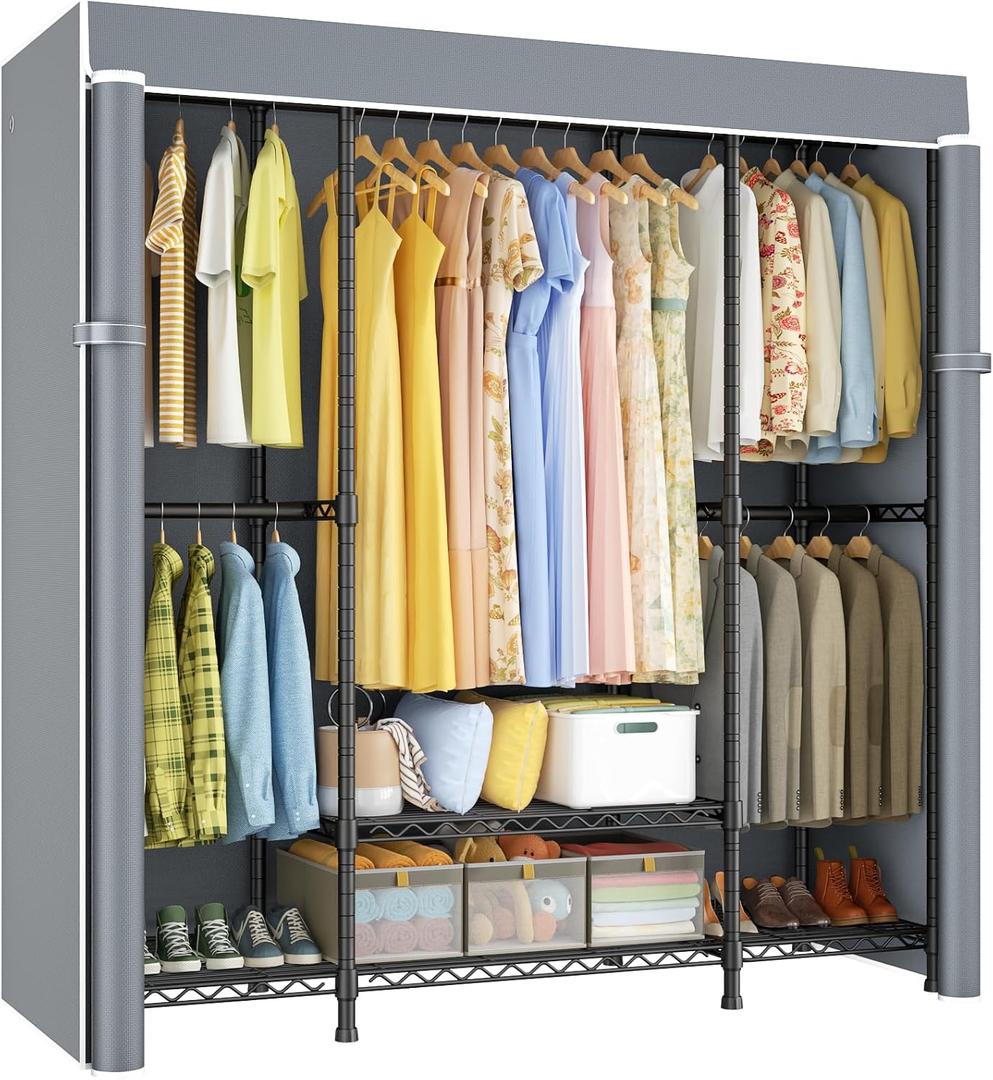 E3C Black Clothes Rack with Gray Cover, Heavy Duty Garment Rack