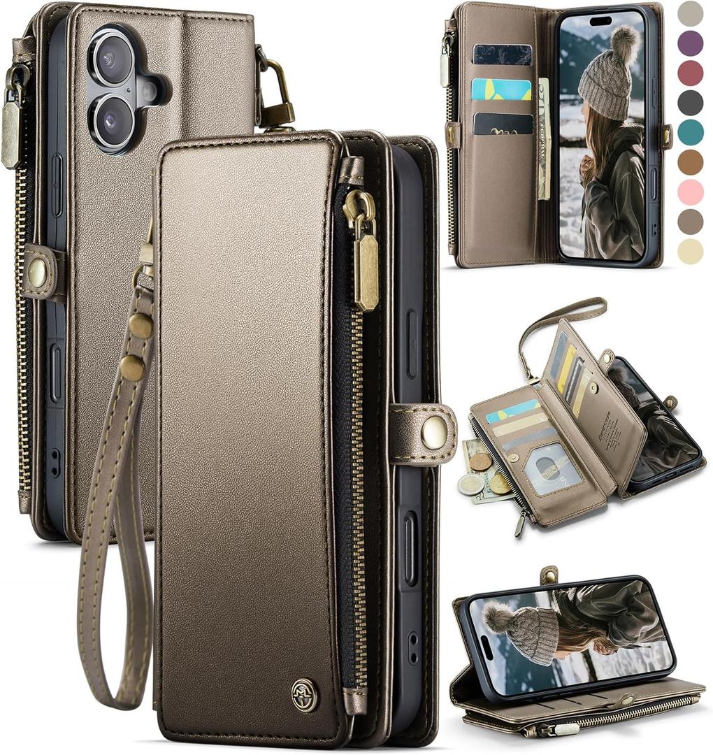 Defencase Compatible with iPhone 16 Plus Case Wallet with RFID Blocking Card Holder for Women Men, PU Leather Magnetic Snap Flip Zipper Strap Wallet Phone Case for iPhone 16 Plus 6.7", Desert Titanium