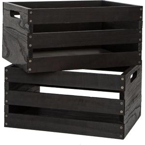 Rustic Vintage Black Wooden Storage Crates Set, 2 Pack , 16.5 X 12 X 8.3''wood crate boxHandmade Farmhouse Decorative Crate with Handles for Books, Clothes Storage & Display