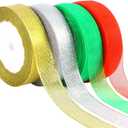DECYOOL 4 Rolls 150 Yards Christmas Ribbons Metallic Glitter Fabric Organza Holiday Festival Ribbons 4/5" Wide for Gift Wrapping Decoration (Green, Red, Silver, Gold)