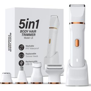 5-in-1 Bikini Trimmer for Women, IPX7 Waterproof Electric Razors Shaver, Cordless Body Hair Trimmer, Facial & Pubic Hair Removal, Ceramic Blade (White)