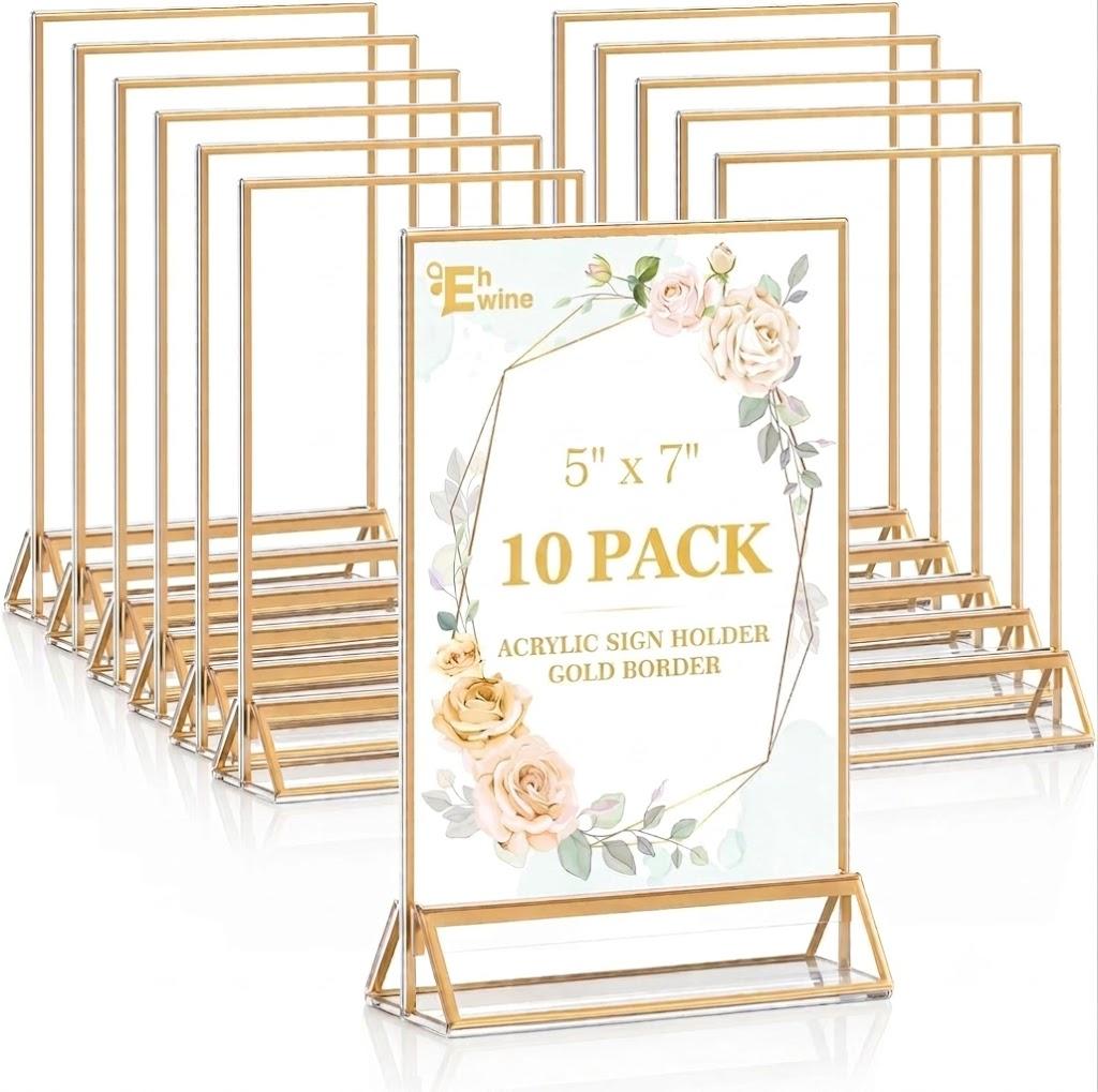 EHWINE 10 Pack Acrylic Sign Holder 8.5 x 11", Double Sided Gold Picture Frame Stand up Table Top Sign Holders, Clear Display Stand Menu Flyer Holder for Wedding Party (Provide Non-slip Mats)