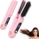 Cordless Hair Straightener Brush, Portable Travel Hair Straightener, 2 in 1 Cordless Mini Rechargeable Flat Iron & Hair Straightener Brush with Dust Cover, Digital Display (Pink)