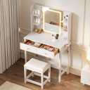 Vanity Desk with Mirror and LED Lights, Small Makeup Vanity Table Set with Drawers and Chair, Dressing Table with Power Outlet for Girls Bedroom, White, 15.75"D x 31.5"W x 51.18"H